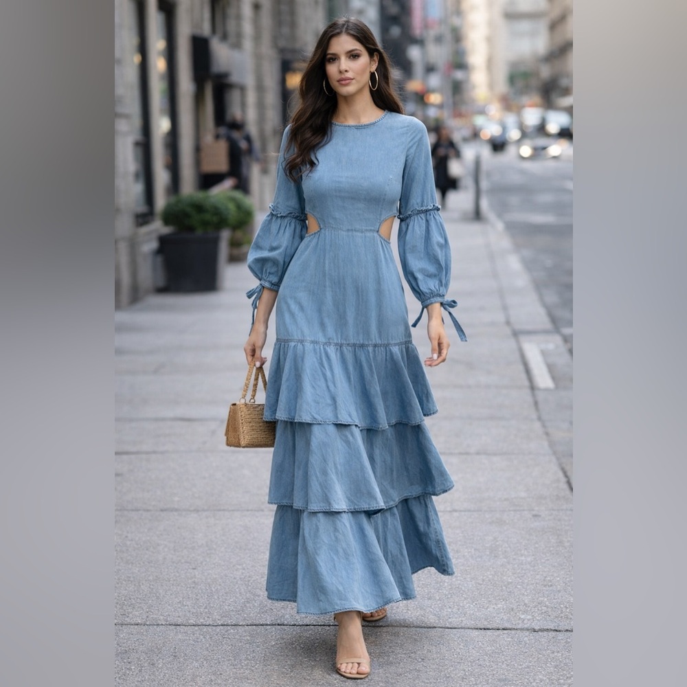 LEZ A LEZ Long Denim Dress with Ruffles & Cutouts